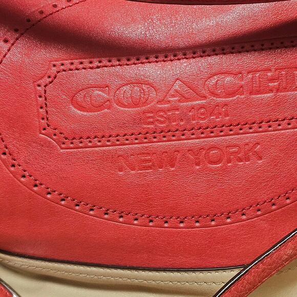 Coach Leather Coral-Red Sand Tan Hampton Weekender Hobo Bag Travel Vacation - Picture 2 of 10